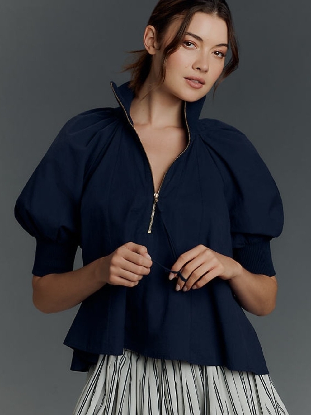 Anthropologie Navy Puff-Sleeve Zip-Front Top